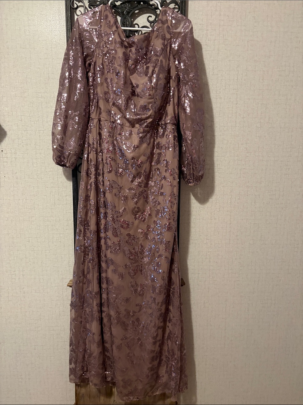 Mauve Sequin Long-Sleeve Evening Dress